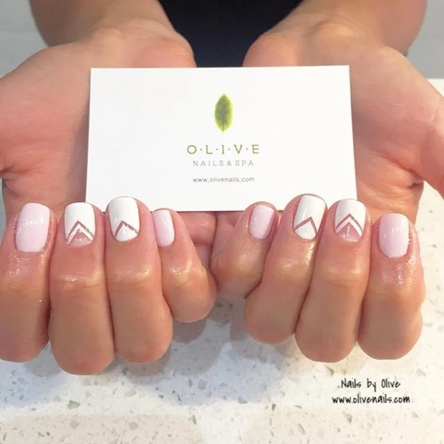 Pink and white chevron nail art — Olive Nails and Spa