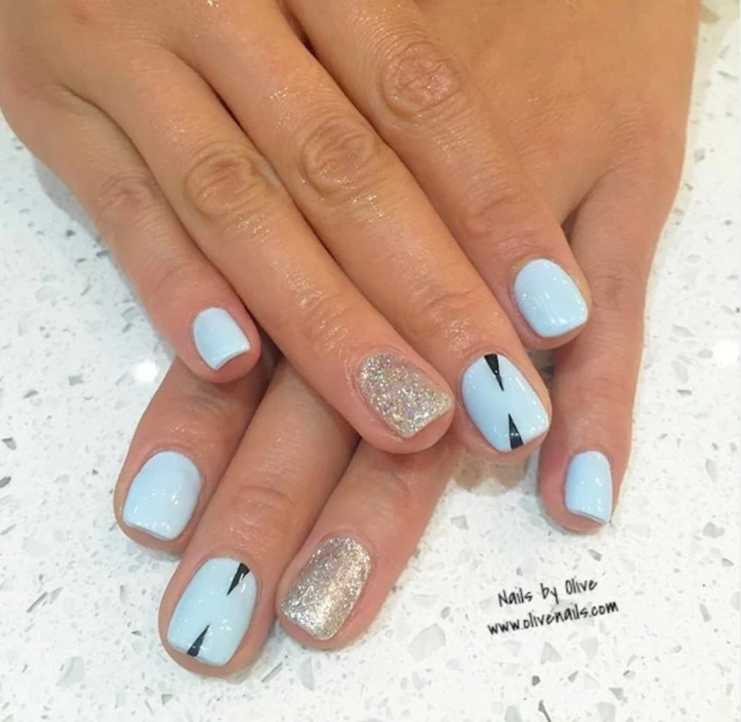 Baby blue gel with gold glitter accent — Olive Nails and Spa