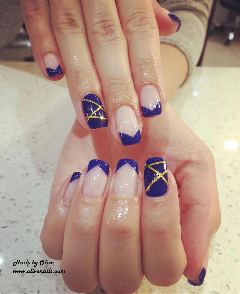 Navy blue French tip nails with gold striping — Olive Nails & Spa, Thornhill